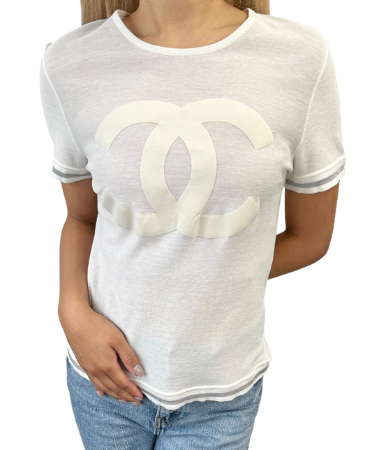 CHANEL Sport Vintage 06C Big CC Logo Mesh T-shirt Top White Gray Line