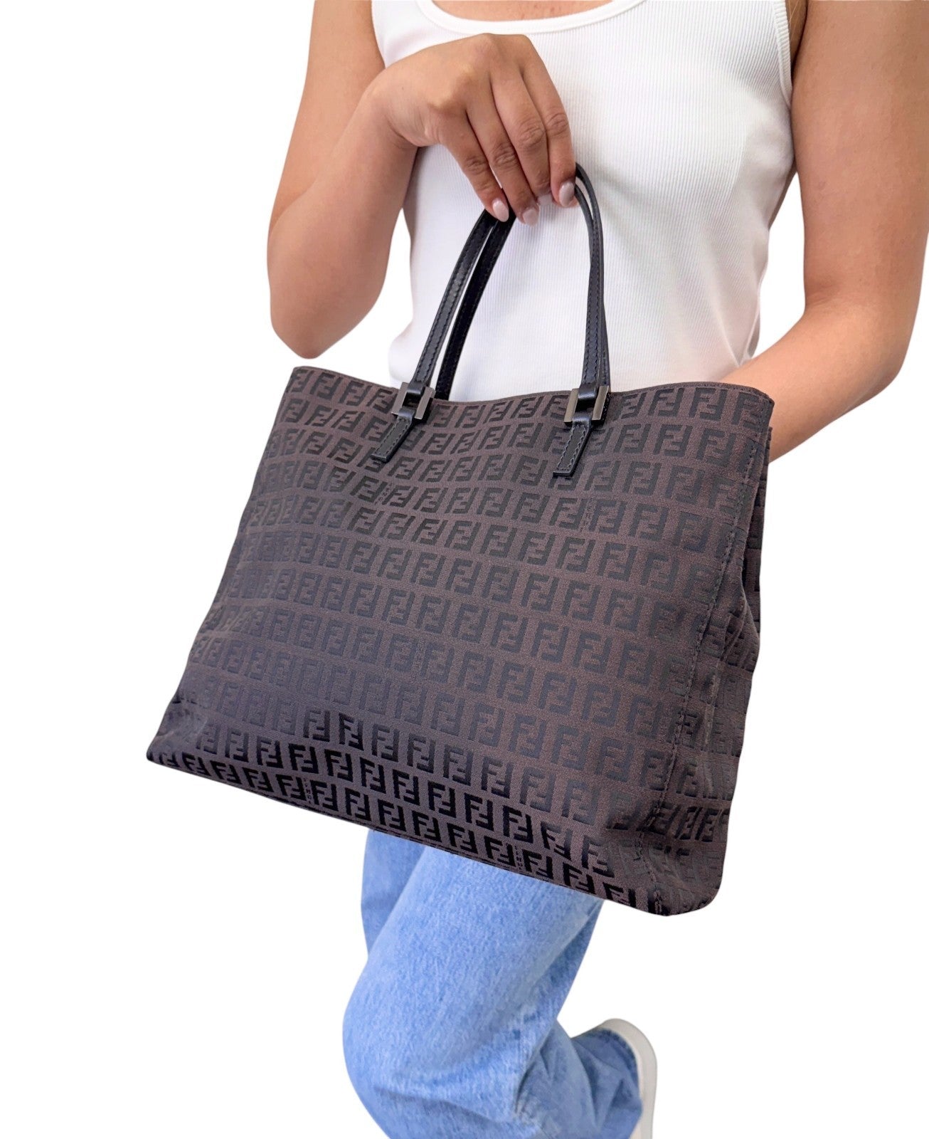 FENDI Vintage FF Logo Zucchino Monogram Tote Hand Bag Brown Black 902444