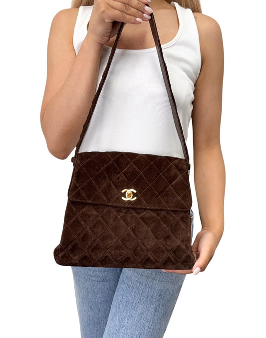 CHANEL Vintage CC Logo Turnlock Quilted Shoulder Bag Brown Gold Suede 901892