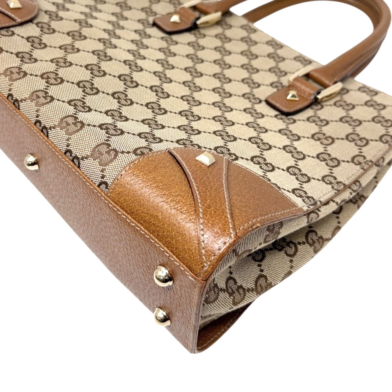 GUCCI Vintage GG Canvas Monogram Tote Bag Nailhead Camel Brown Studs Leather