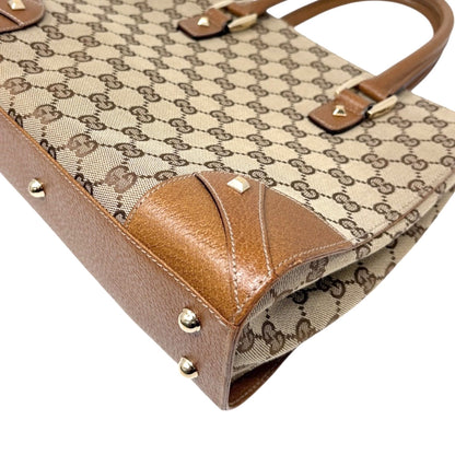 GUCCI Vintage GG Canvas Monogram Tote Bag Nailhead Camel Brown Studs Leather