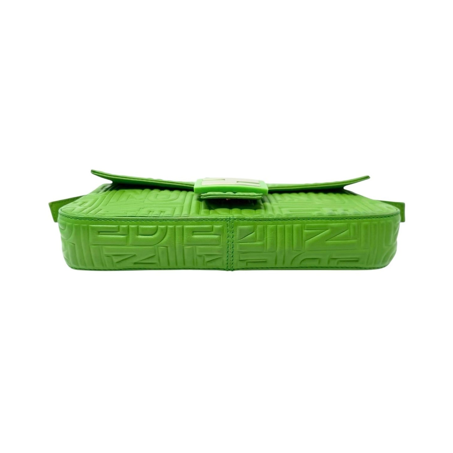 FENDI Vintage FF Logo Embossed Mamma Baguette Shoulder Bag Green Leather Silver