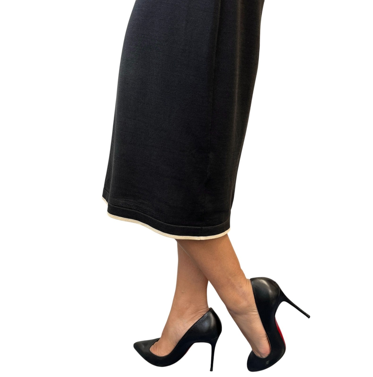 CHANEL Vintage 96C CC Mark Button Long One-piece Dress #40 Black Cream Cotton