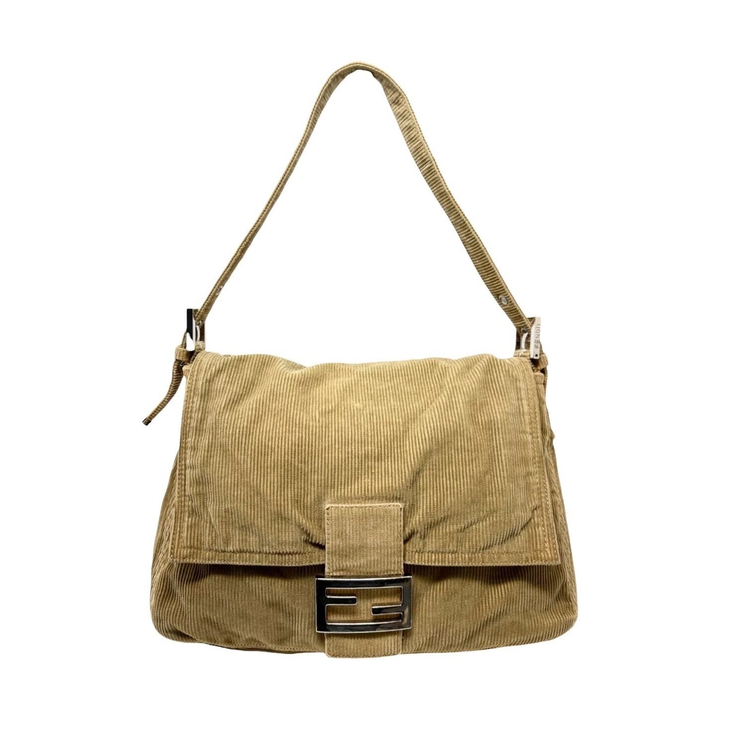 FENDI Vintage FF Logo Corduroy Mamma Baguette Shoulder Bag Light Brown Silver