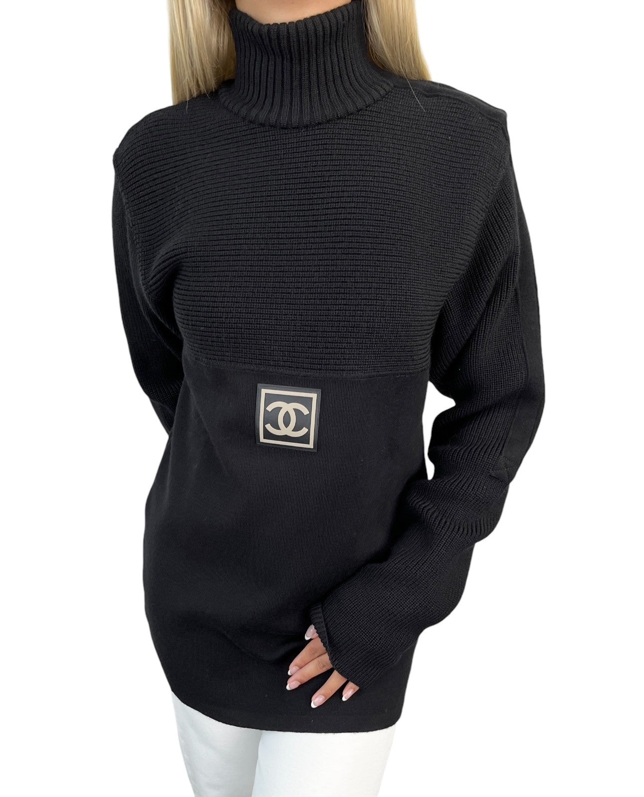 CHANEL Sport Vintage 02A CC Logo Sweater Top #38 Black Wool High Neck 902401
