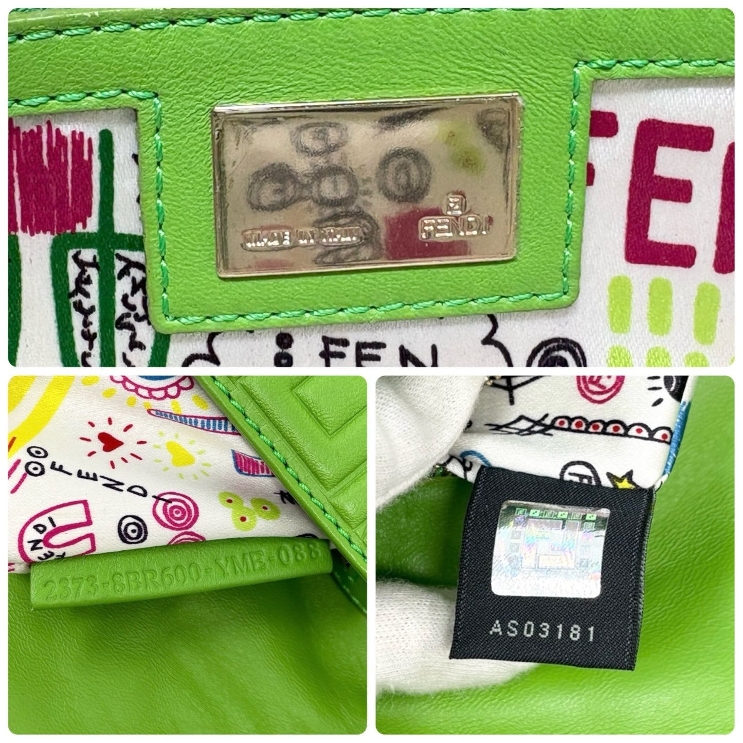 FENDI Vintage FF Logo Embossed Mamma Baguette Shoulder Bag Green Leather Silver
