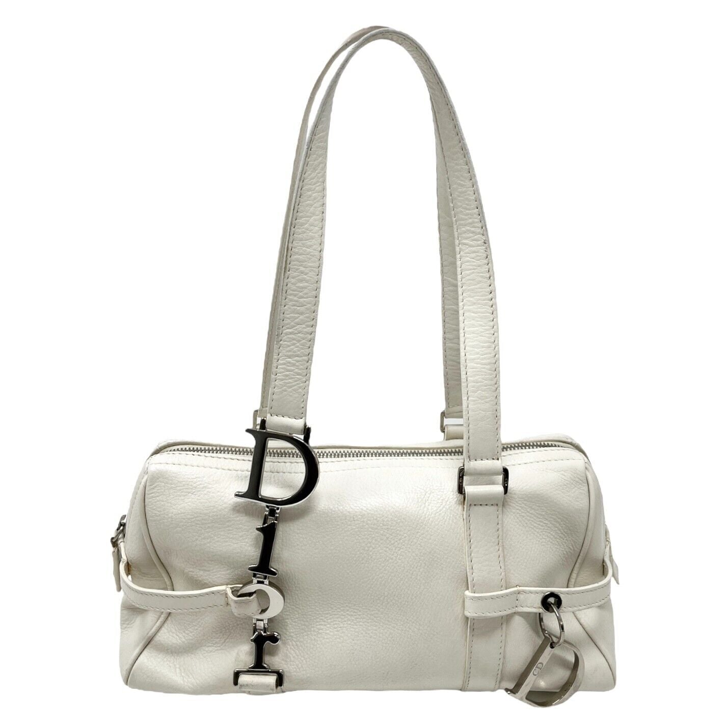 Christian Dior Vintage Logo Charm Shoulder Bag Zip White Silver Leather RankAB