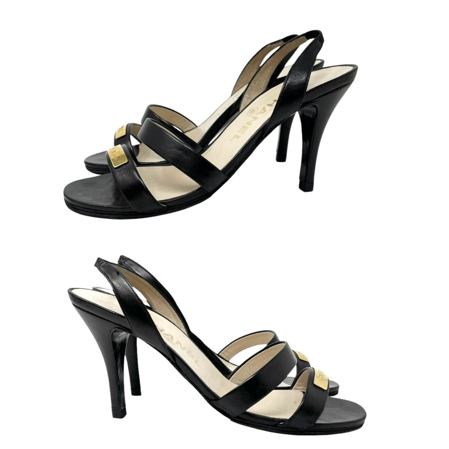 CHANEL Vintage 98P CC Logo Heels Mules Sandals #36.5-37 Black Gold Leather