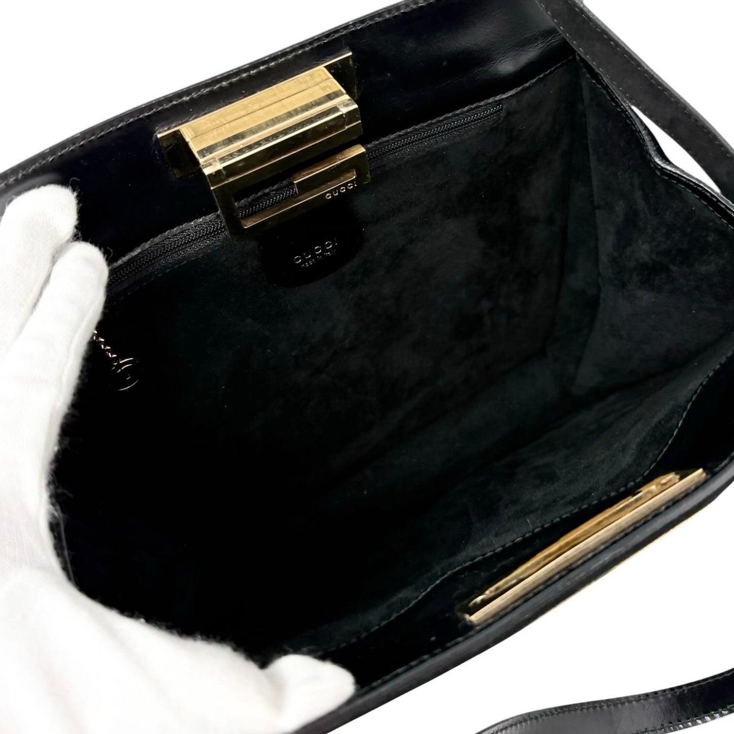 GUCCI Vintage G Square Logo Shoulder Bag Handbag Black Gold Suede Leather 902582