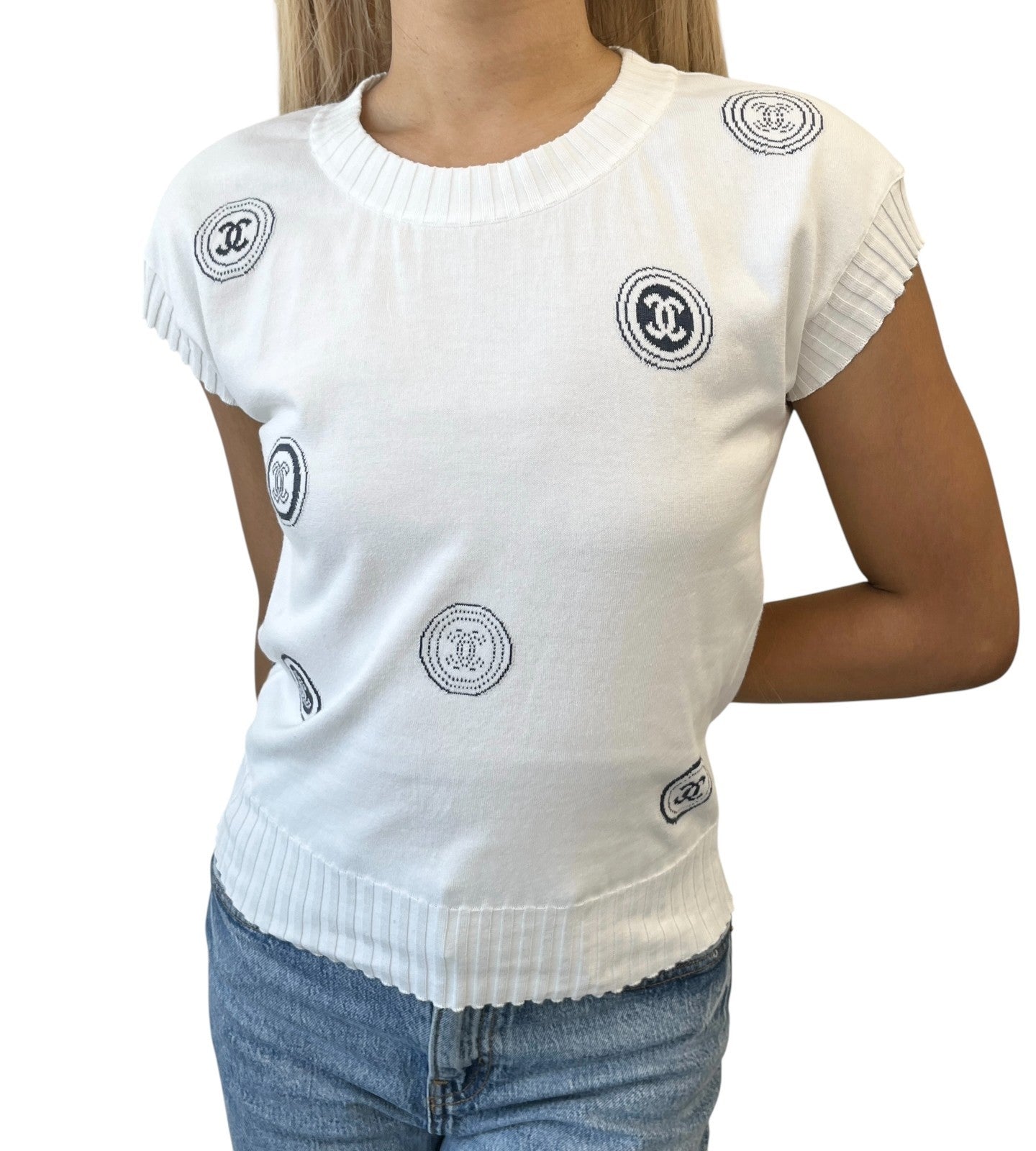 CHANEL Vintage 01P CC Logo T-shirt Top #34 White Blue Cotton Rib short sleeve