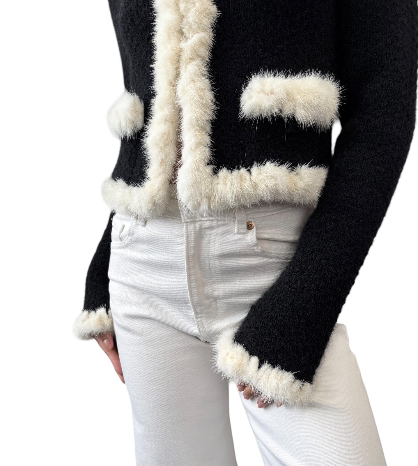 CHANEL Vintage 03A CC Logo Button Trim Fur Knit Jacket #38 Black White Mohair