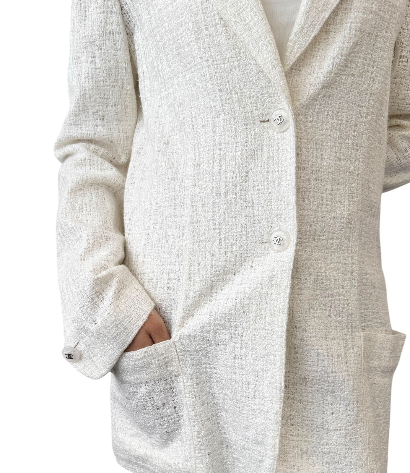 CHANEL Vintage 98P CC Logo Button Boucle Tweed Blazer Jacket #38 White Silver