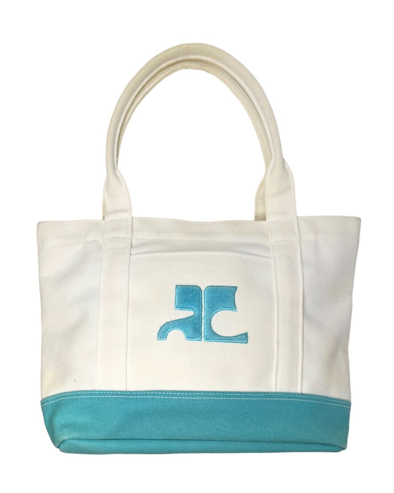 Courreges Vintage Logo Tote Bag Pocket Zip White Light Blue Cotton Rank AB