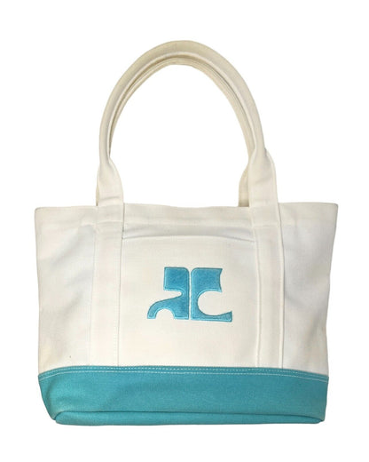 Courreges Vintage Logo Tote Bag Pocket Zip White Light Blue Cotton Rank AB