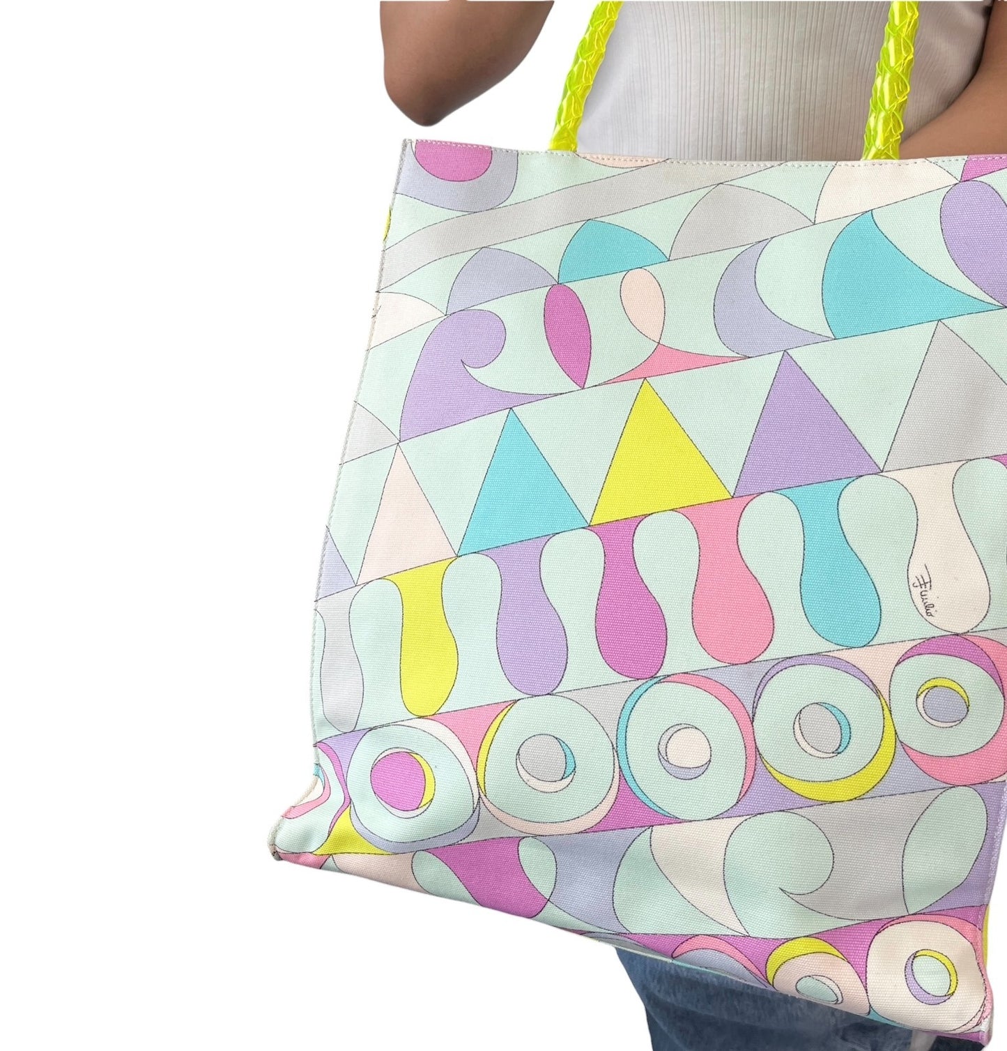 EMILIO PUCCI Vintage Logo Geometric Multicolor Printed Canvas Square Tote Bag