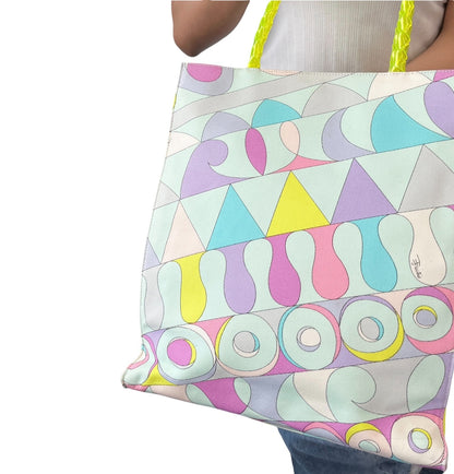 EMILIO PUCCI Vintage Logo Geometric Multicolor Printed Canvas Square Tote Bag