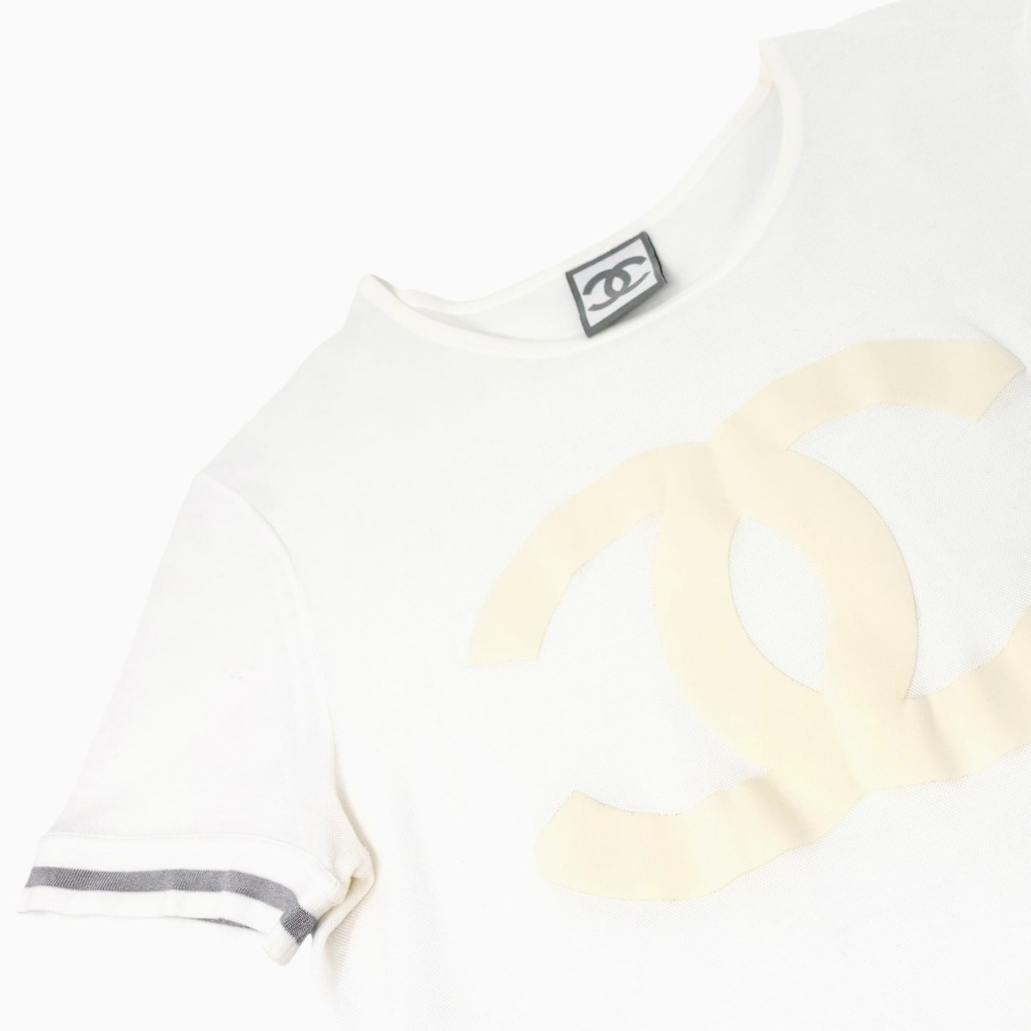 CHANEL Sport Vintage 06C Big CC Logo Mesh T-shirt Top White Gray Line