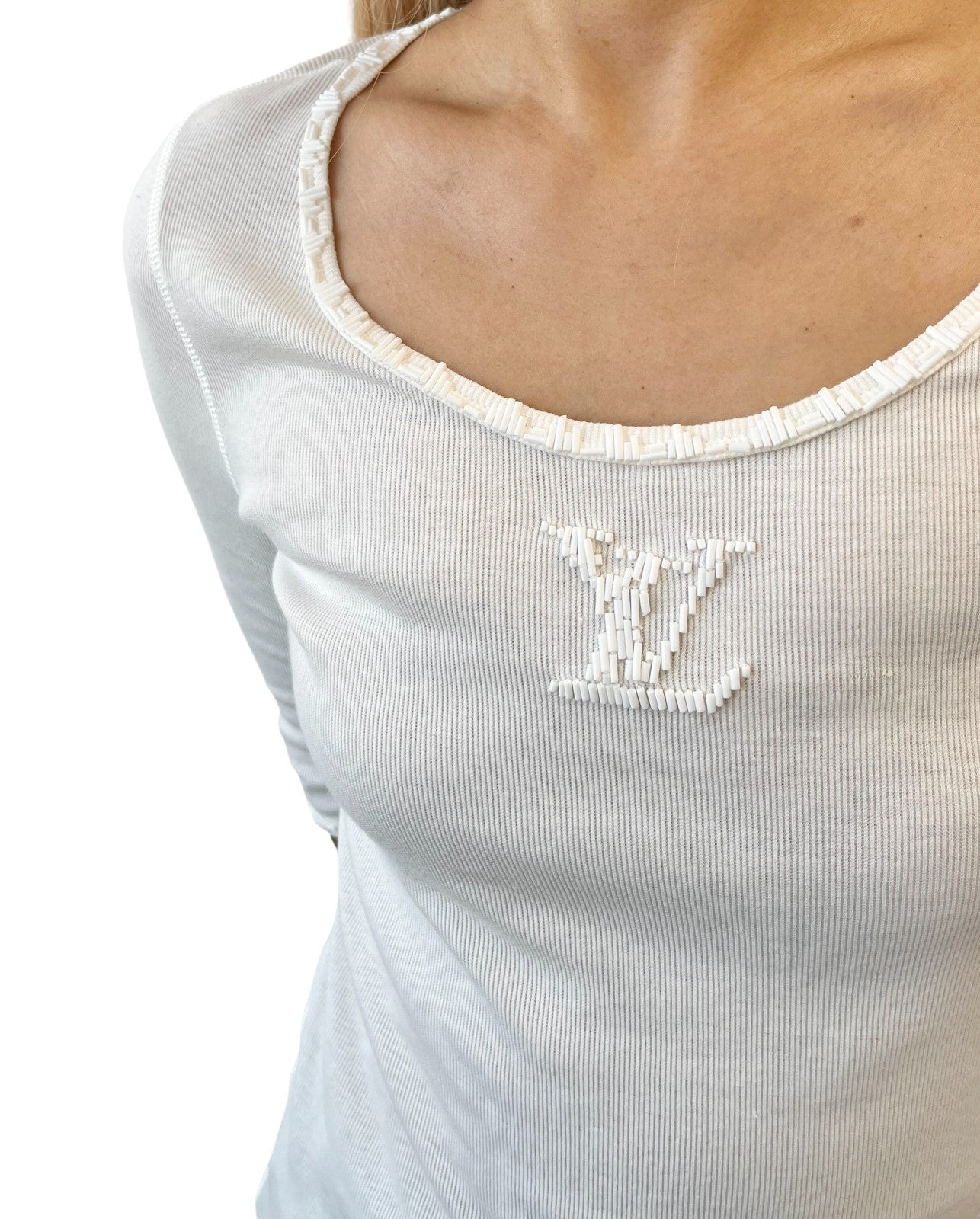 LOUIS VUITTON Vintage LV Logo Beads Knit T-shirt Top #L Cream White Cotton
