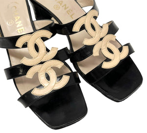 CHANEL Vintage CC Logo Sandals Heels #36.5 US 6.5 Beige Pantent Leather Rank AB