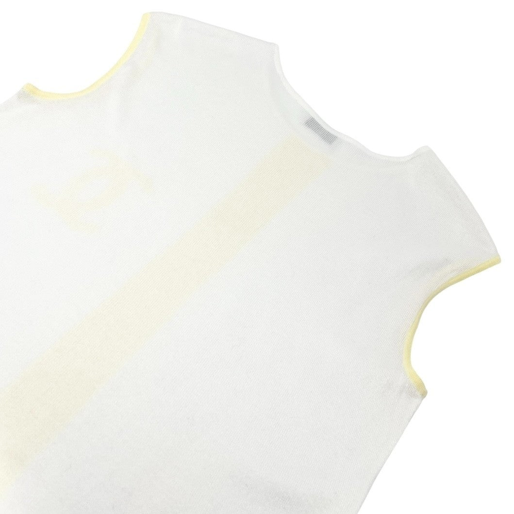 CHANEL Vintage 00S CC Logo Knit Tank Top #42 Sleeveless White Yellow Cotton
