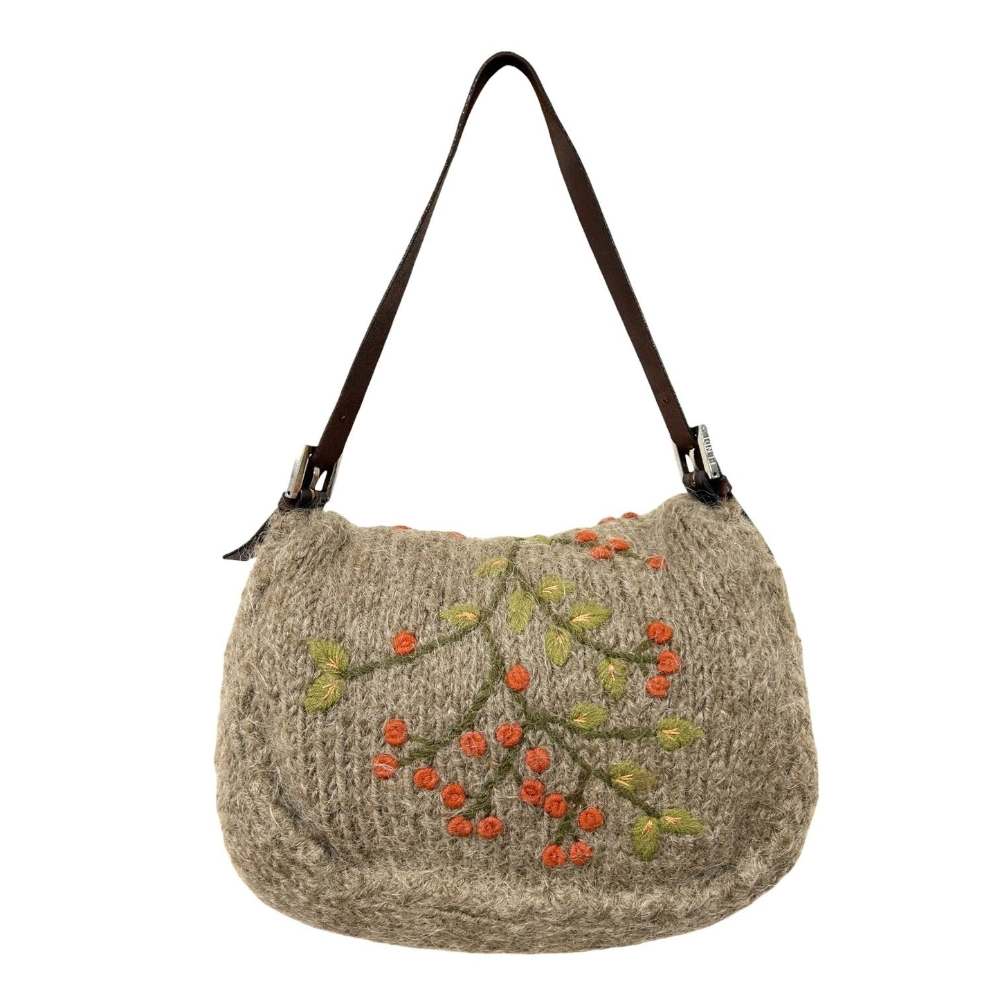 FENDI Vintage FF Knit Mamma Baguette Flower Wool Shoulder Bag Beige Brown
