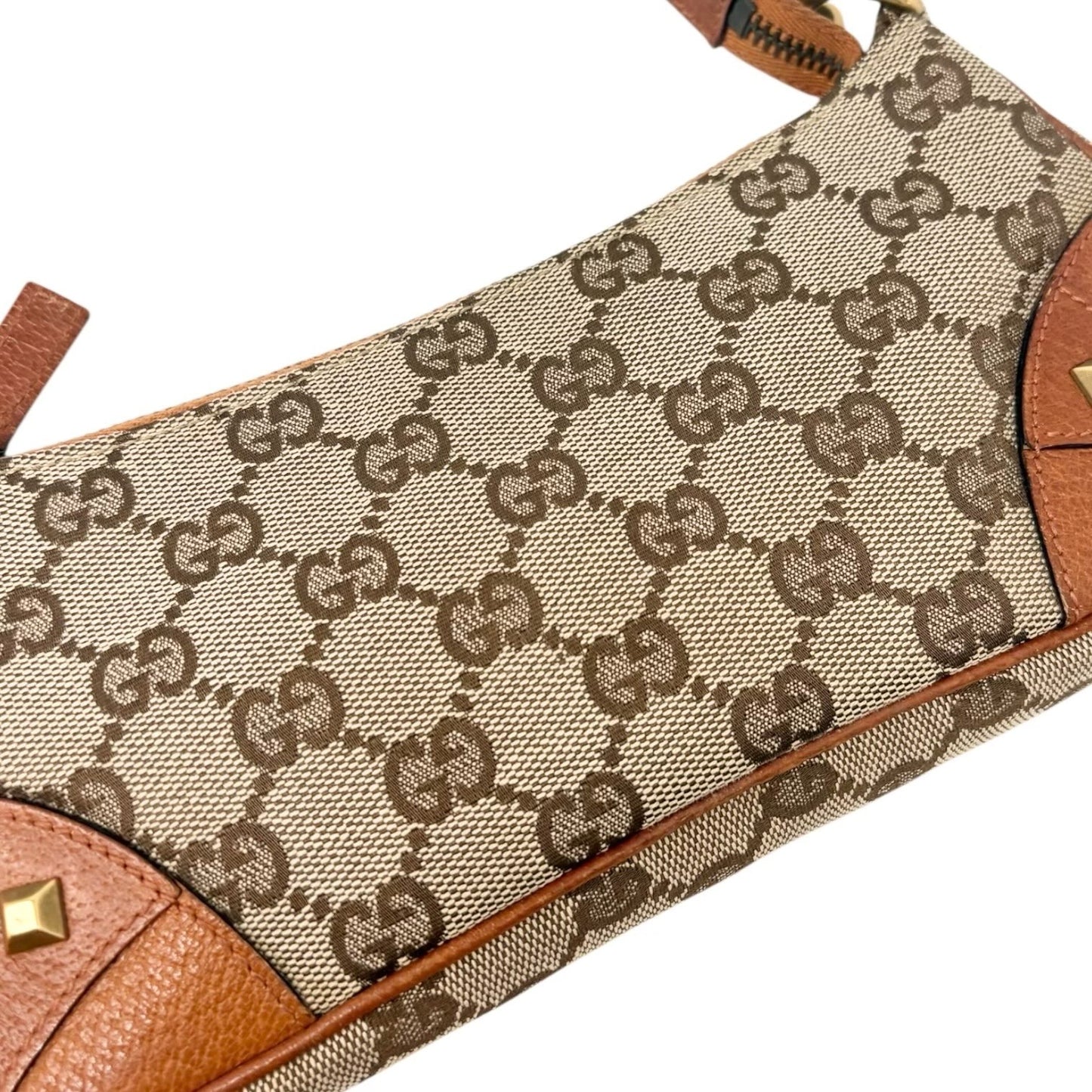 GUCCI Vintage GG Canvas Monogram Chain Shoulder Bag Pouch Beige Gold Leather