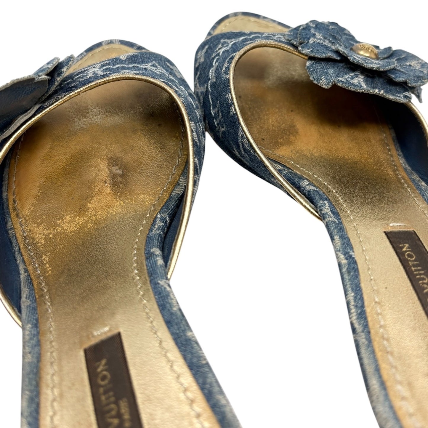 LOUIS VUITTON Vintage Monogram Denim Flower Sandals #36 Blue Gold 902407