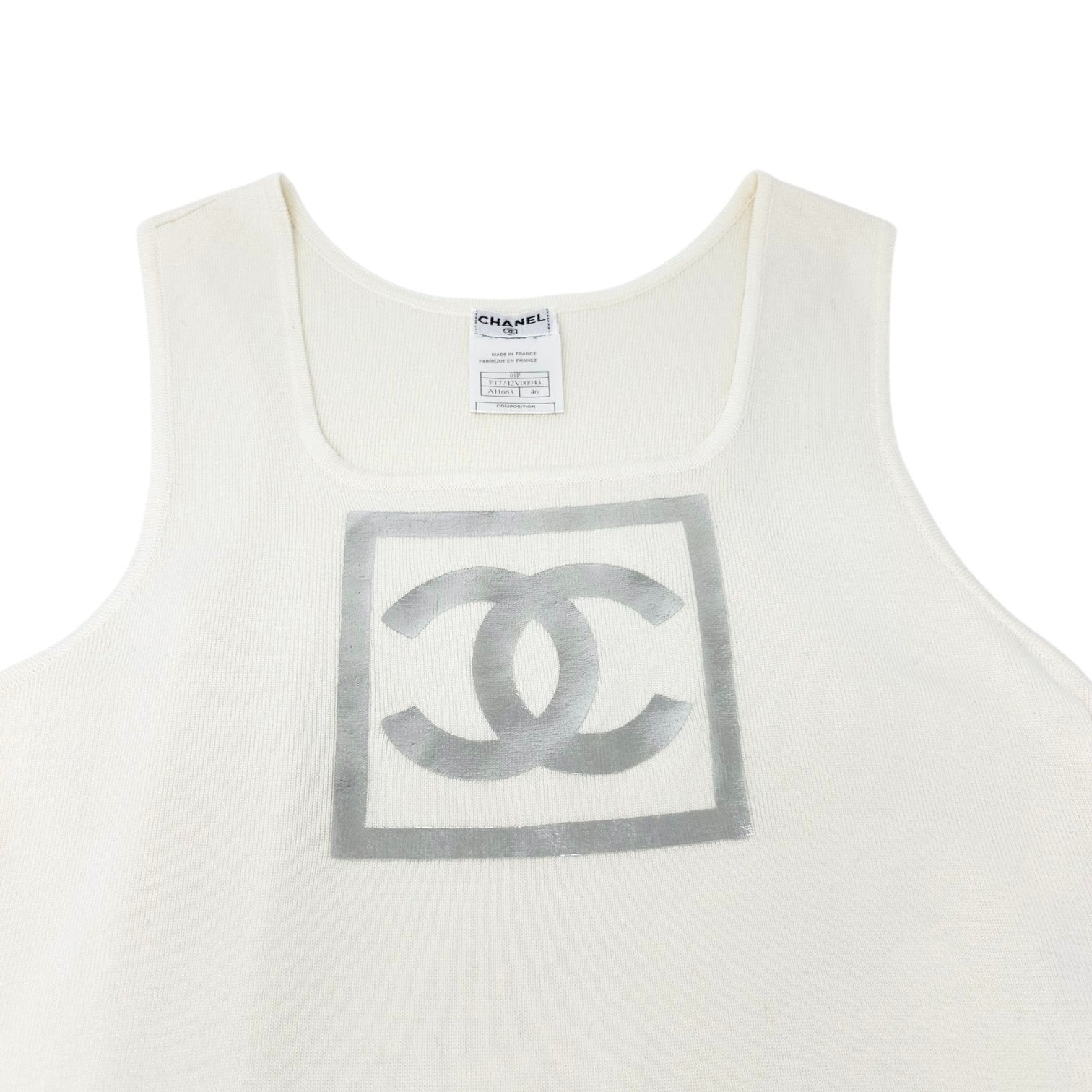 CHANEL Vintage 01P CC Logo Tank Top #46 White Cream Silver Cotton Sleeveless