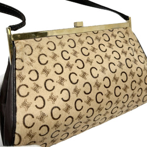 CELINE Vintage Macadam Monogram Logo Shoulder Bag Beige Brown Calf Hair Leather