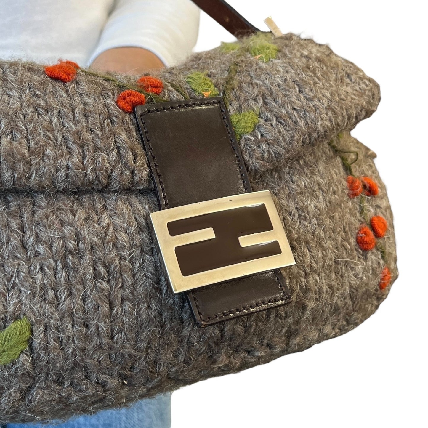 FENDI Vintage FF Mamma Baguette Wool Knit Shoulder Bag Gray Brown Flower
