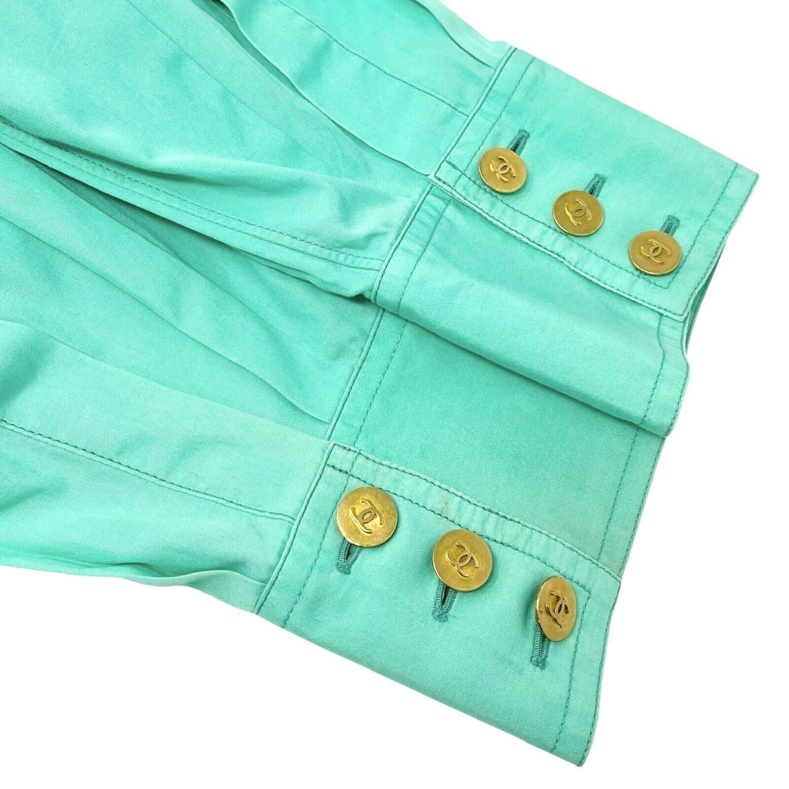 CHANEL Vintage P04883 CC Logo Shirt Top #44 Button Up Light Green Gold Cotton