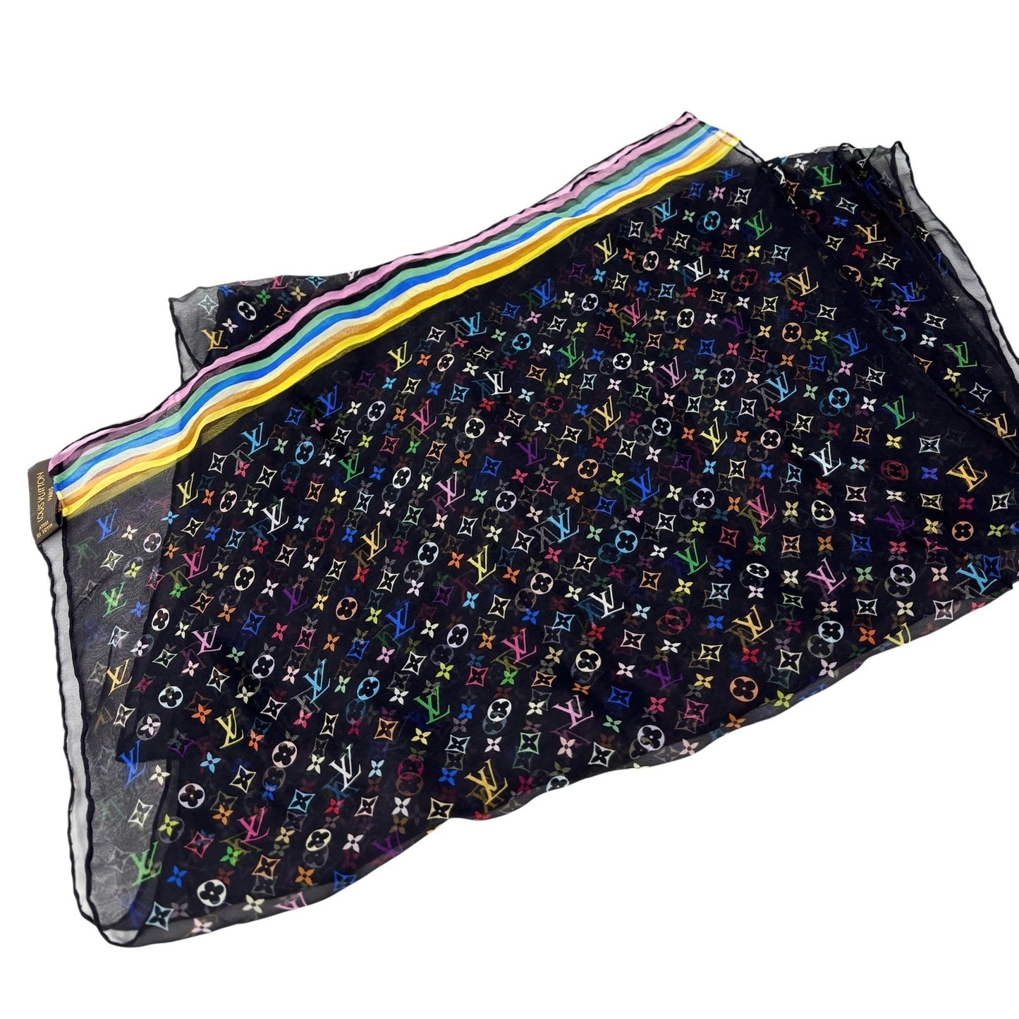LOUIS VUITTON Vintage LV Multicolor Monogram See-through Scarf Wrap Black Silk