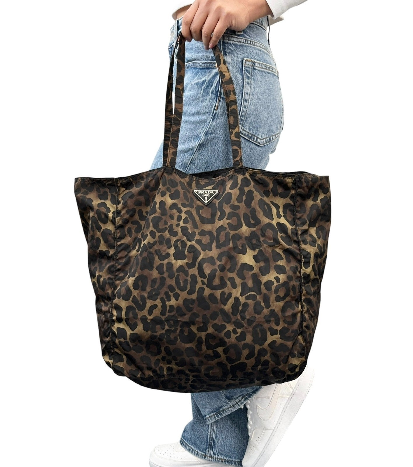 PRADA Vintage Logo Leopard Tote Shoulder Bag Khaki Black Silver Nylon Leather