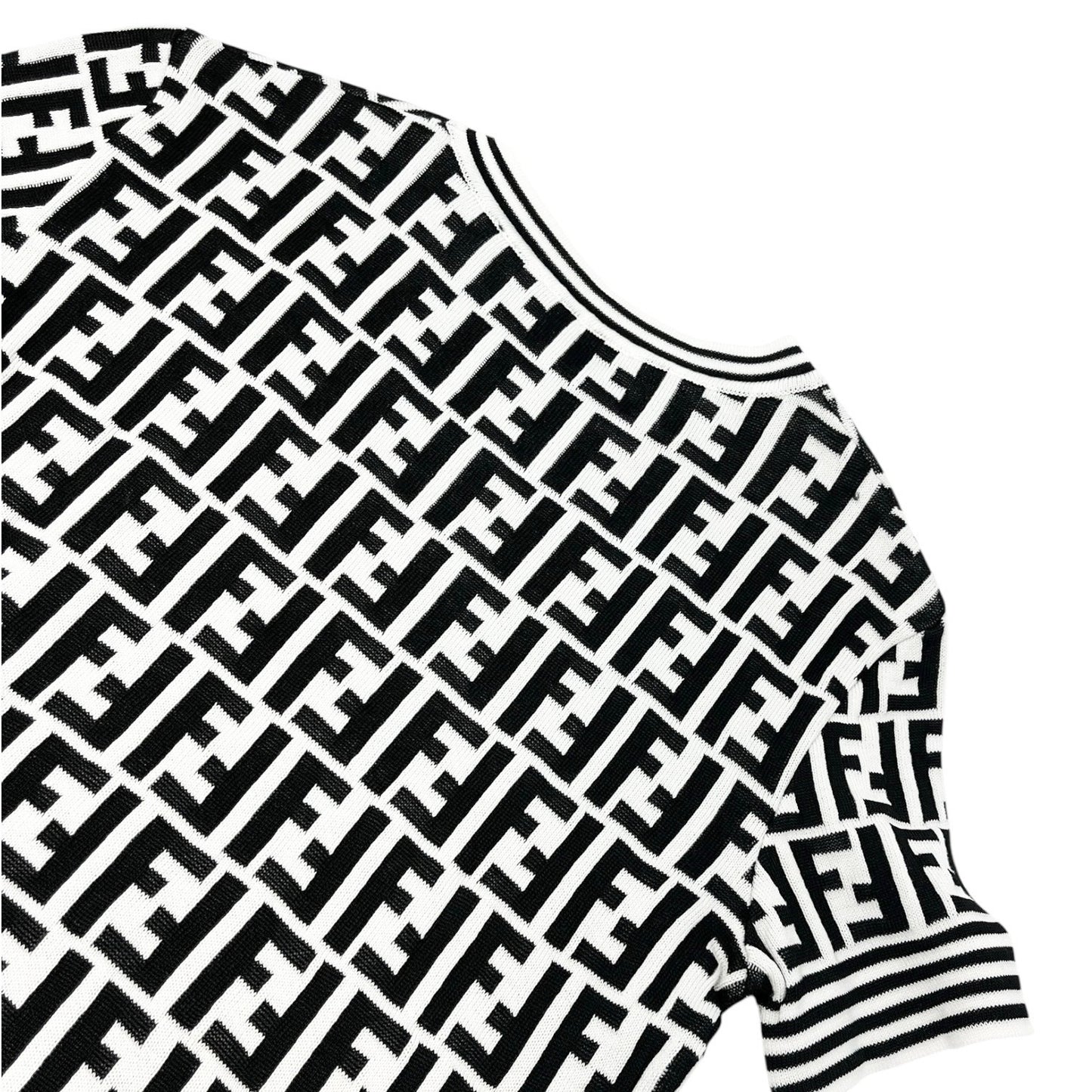FENDI Vintage Zucca Knit Top T-shirt #40 White Black Monogram Short Sleeve