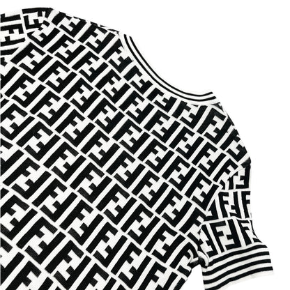 FENDI Vintage Zucca Knit Top T-shirt #40 White Black Monogram Short Sleeve