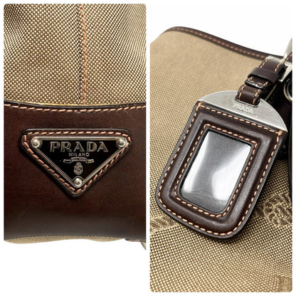 PRADA Vintage Jacquard Logo Tote Bag Brown Silver Canvas Leather 902047