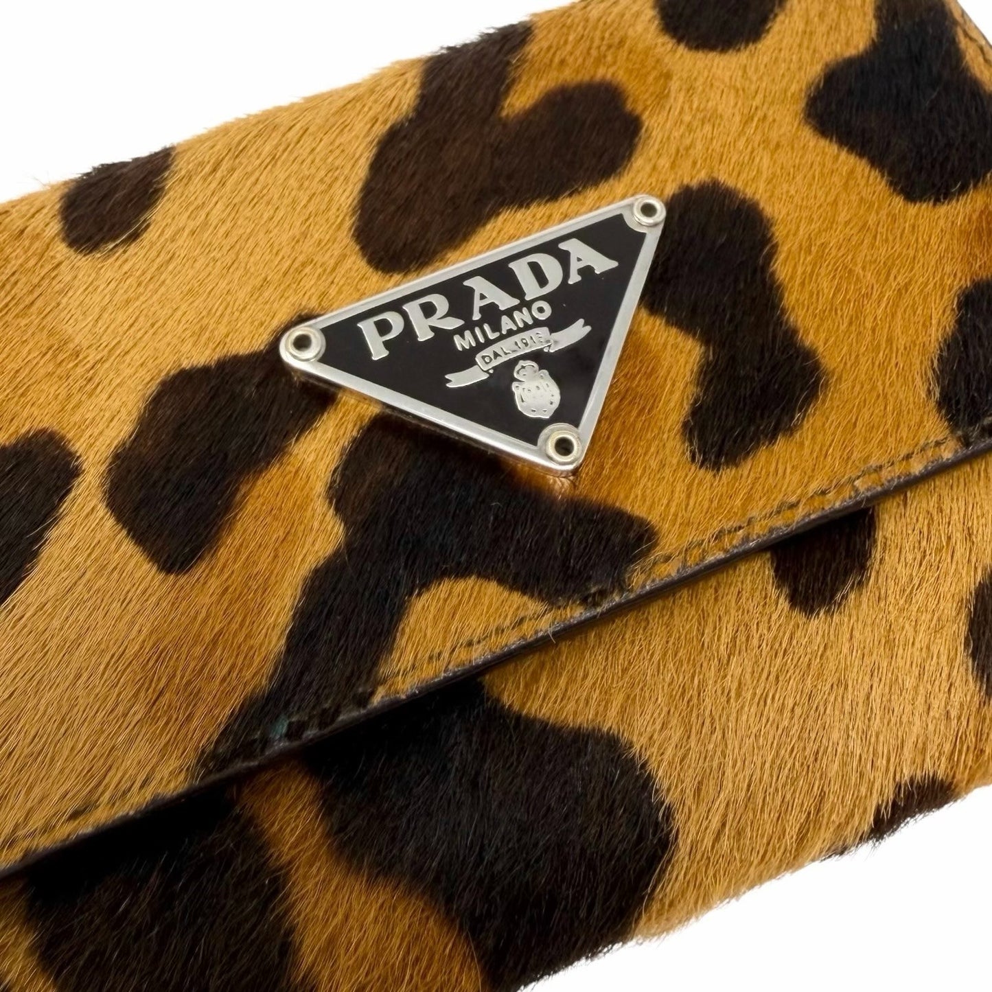 PRADA Vintage Triangle Logo Leopard Pony Hair Mini Key Case Brown Camel 902438