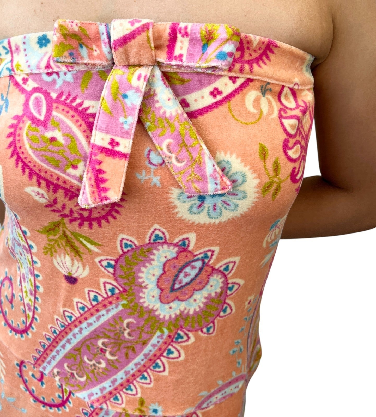 Christian Dior Vintage Velour Dress #40 One-Piece Paisley Ribbon Pink Cotton