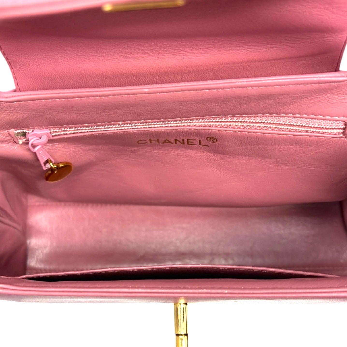 CHANEL Vintage CC Logo Turnlock Top Handle Flap Bag Pink Gold Leather Handbag