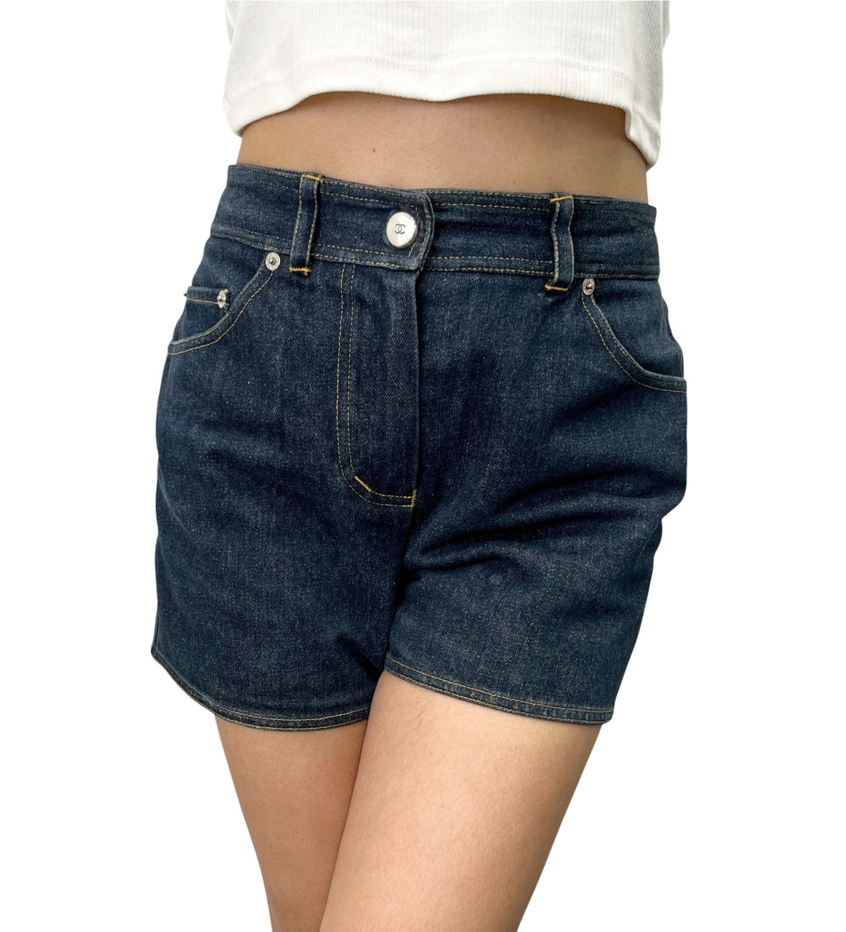 CHANEL Vintage CC Logo Denim Short Pants #36 Dark Blue Silver Cotton 902896