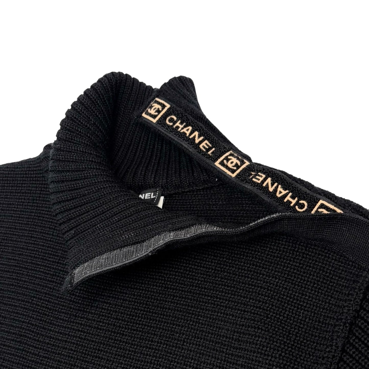 CHANEL Sport Vintage 02A CC Logo Sweater Top #38 Black Wool High Neck 902401