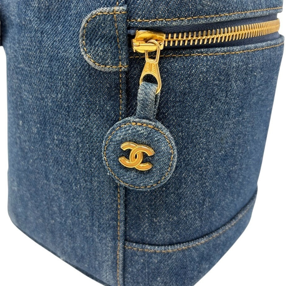 CHANEL Vintage CC Logo Denim Timeless Vanity Bag Handbag Blue Gold Cotton 902240