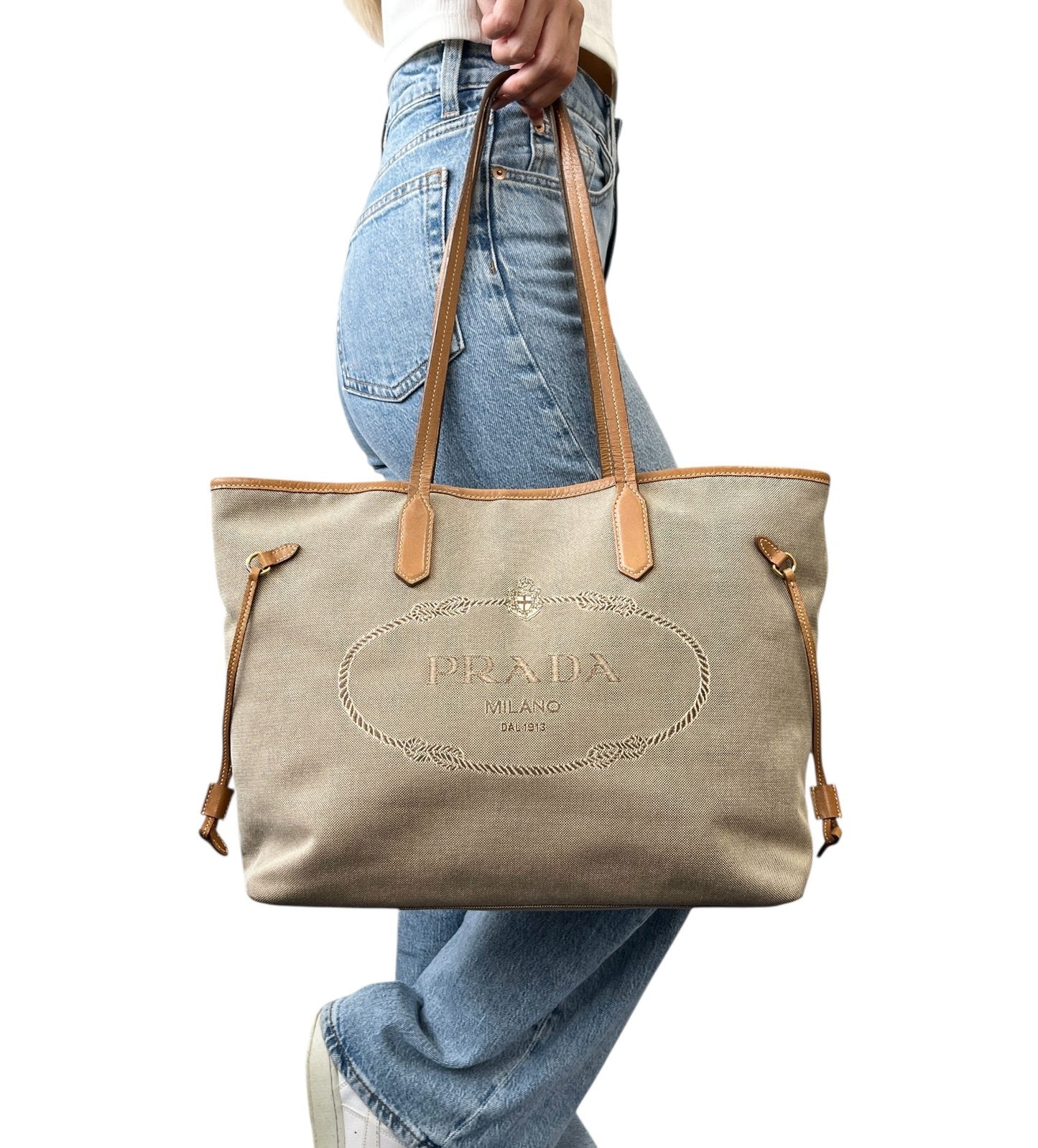 PRADA Vintage Logo Jacquard Shoulder Tote Bag Beige Brown Canvas Leather