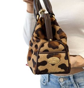 CELINE Vintage Logo Kiss Lock Mini Bag Leopard Brown Calf Hair Rank AB