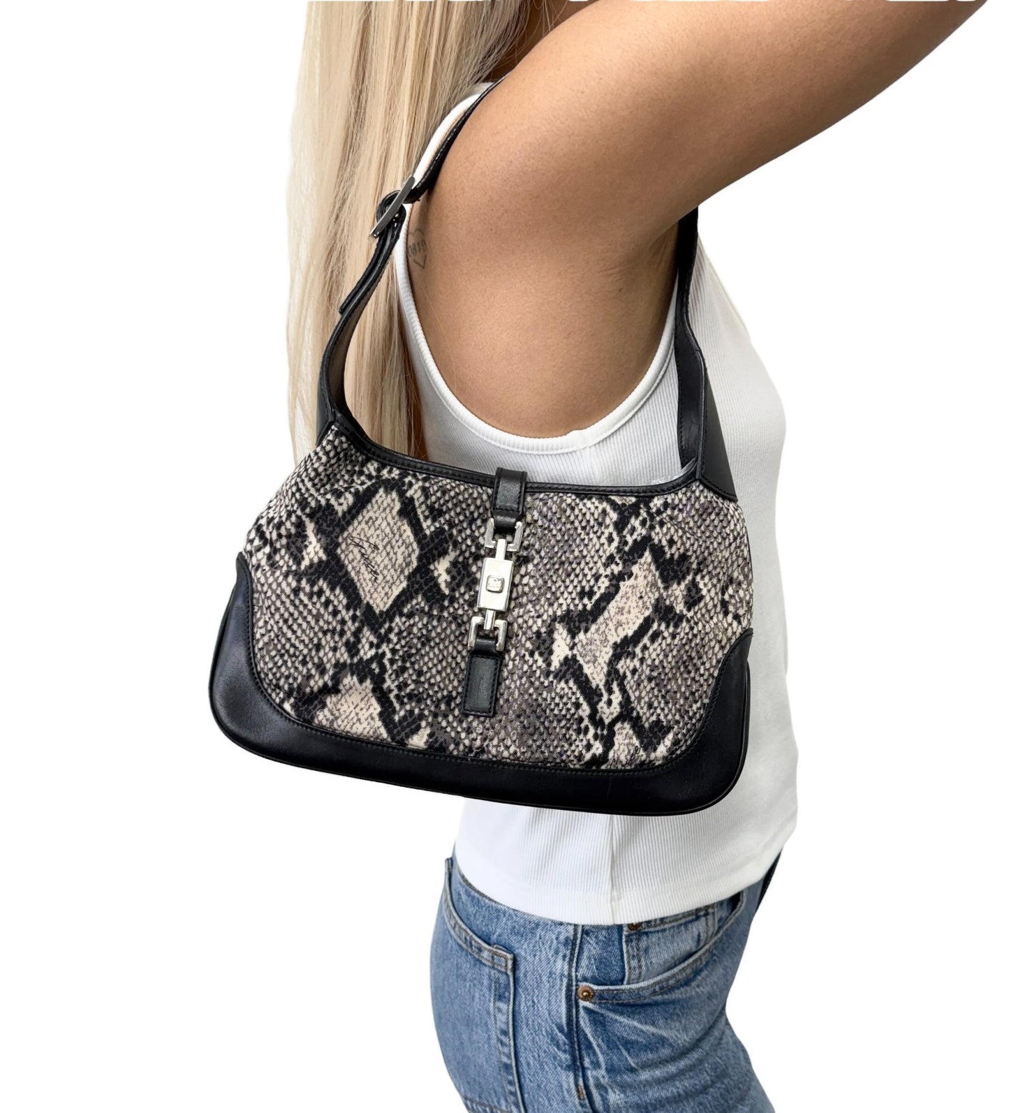 GUCCI Vintage Logo Jackie Snake Print Shoulder Bag Black White Nylon 902411