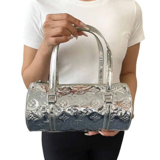 LOUIS VUITTON Vintage LV Monogram Miroir Papillon Barrel Bag Metallic Silver