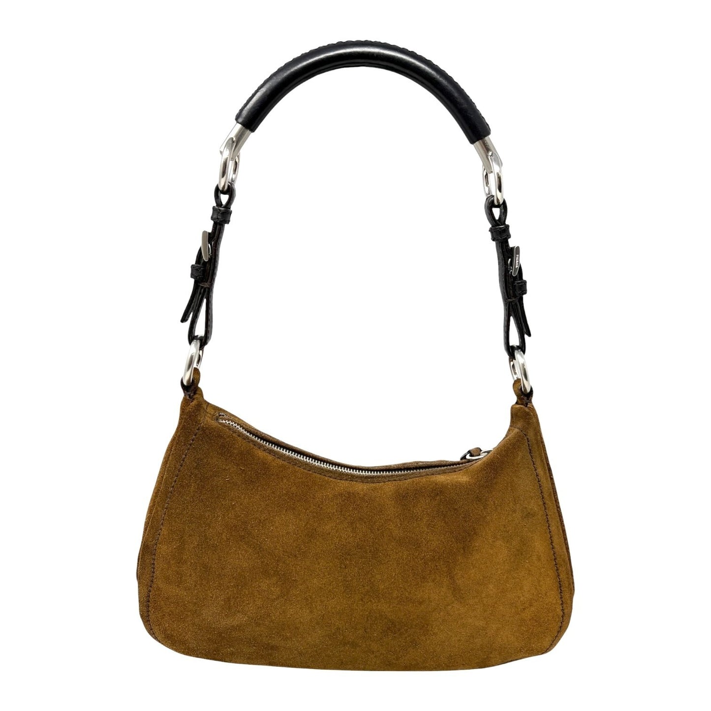 PRADA Triangle Logo Shoulder Hobo Suede Bag Brown Silver Leather Zip 902299