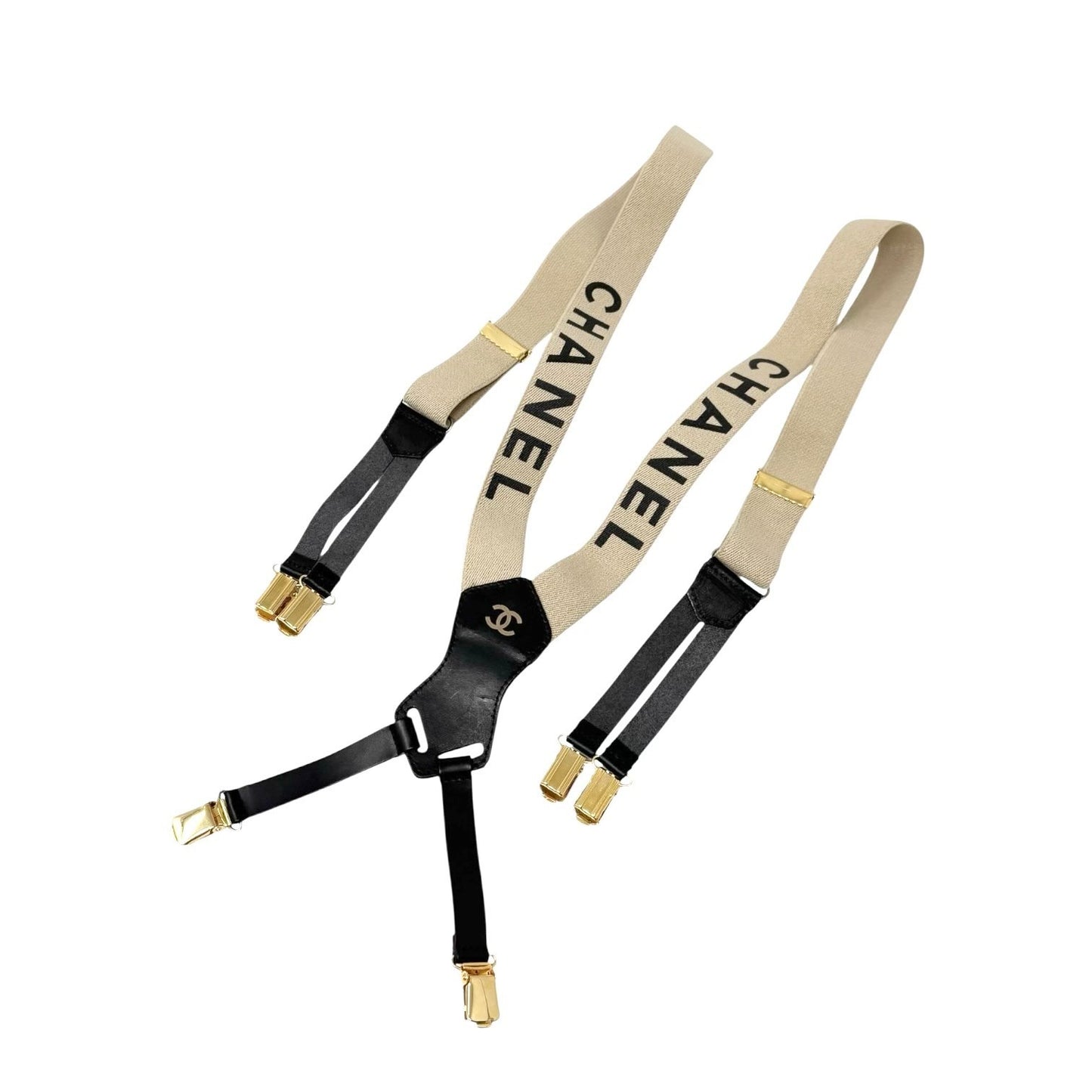 CHANEL Vintage 1994 CC Logo Letter Suspender Belt Beige Black Cotton Leather
