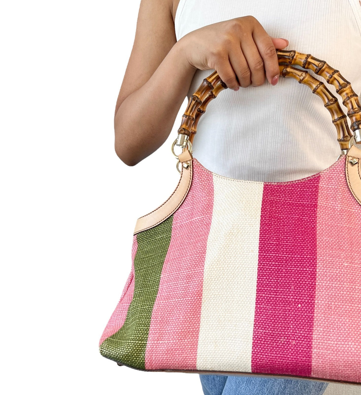 GUCCI Vintage Bamboo Stripe Hobo Shoulder Bag Handbag Multicolor Canvas 902335