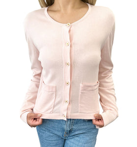 CHANEL Vintage CC Mark Logo Cardigan Pink Cotton Button Long Sleeve Top Pockets